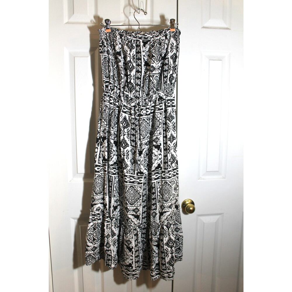 Salty Lemon Black & White Print Strapless Ruffled Skirt Midi Dress sz L